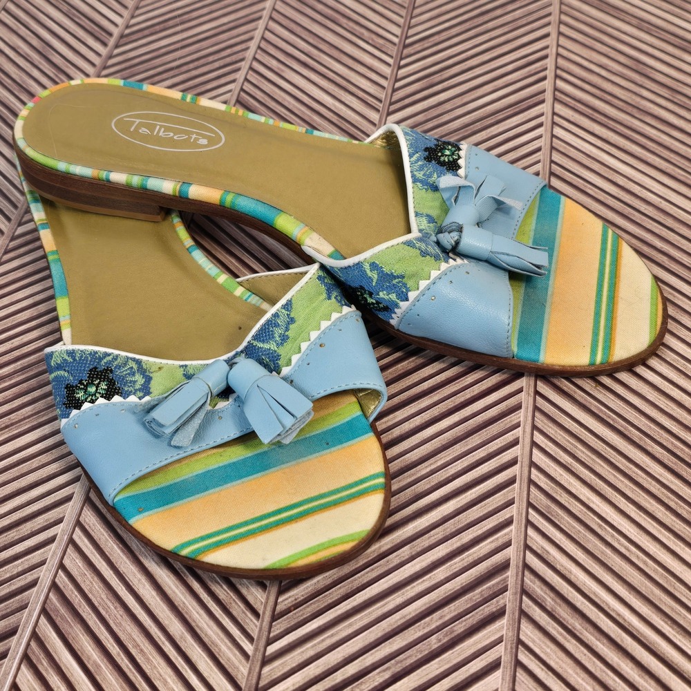Talbots Womens Striped Canvas Leather Tassel Slide Sandals Blue Multi Floral